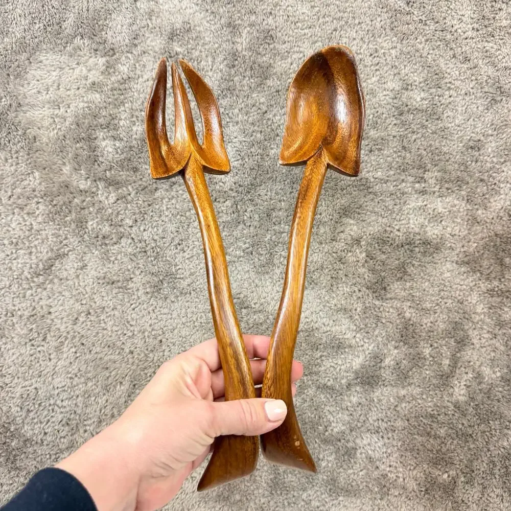 Vintage Monkey Pod Acacia Salad Tongs Curved Serving Spoon Fork Set Utensils